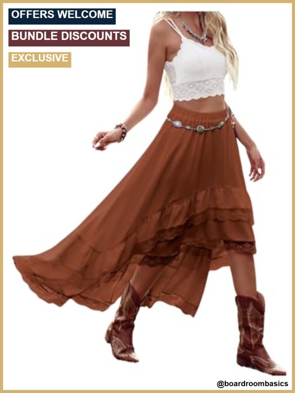 Western Cowgirl Lace Trim Flowy Skirt Country Concert Outfit